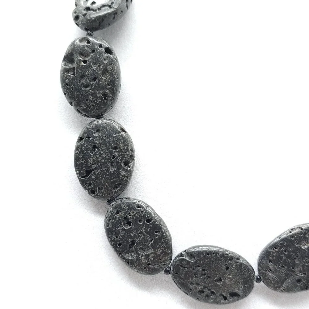 Chunky Black Lava Rock Beaded Necklace Sterling Toggle Clasp 16 Inches Long